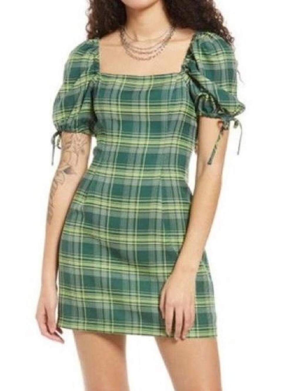 BP Green Puff Sleeve Square Neck Plaid Mini Dress